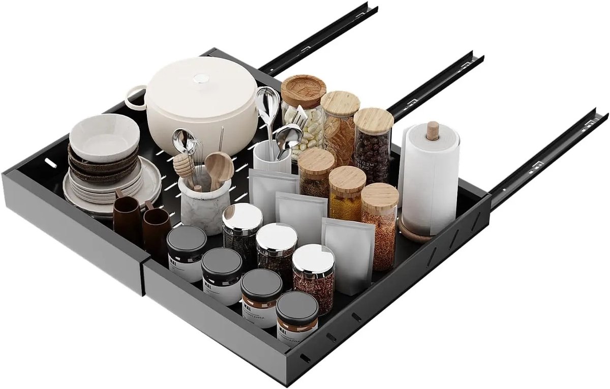 Nutrella - Keukenlade-organizer - Uittrekbare kastorganizer - Lade-organizer- Ventilatiebodem - 32 - 52 cm - Zwart