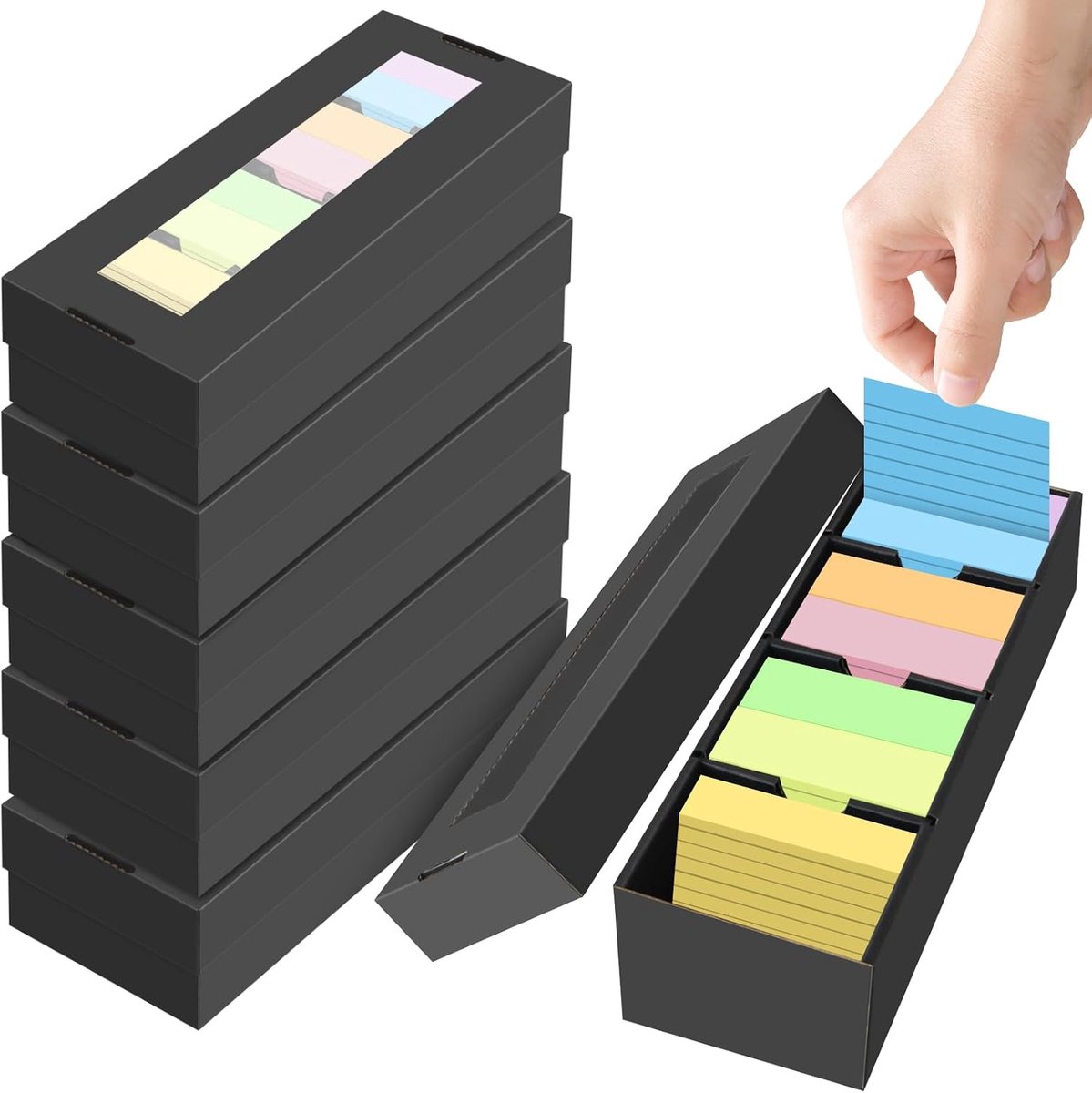 6 stuks indexkaartenbox A8, capaciteit 1000 vellen, leerkaartenbox voor papier van 52 x 74 mm, 3 uitneembare vakken - ShopVlot