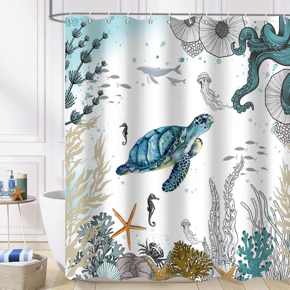 Douchegordijn, 180 x 200 cm, groenblauw, nautisch kustal, strand, thema, oceaan, zee, spatels, octopus, waterdichte - ShopVlot