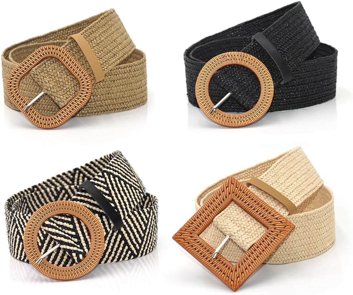 Anlising 4 Pieces Elastic Braided Belts for Women, Elastic Straw, Wide Straw Belt, Braided Belt for Women with High - ShopVlot