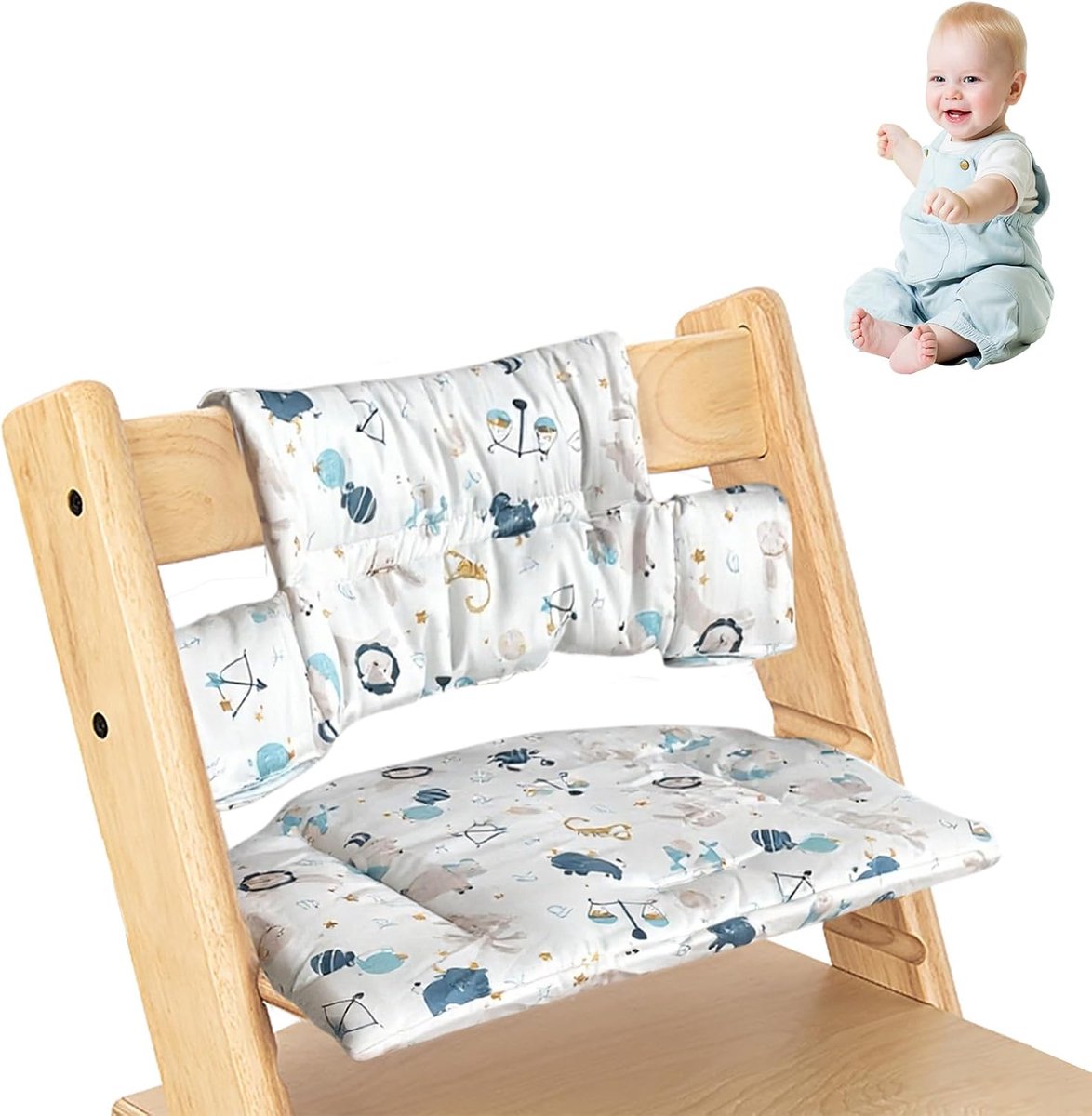 Zitkussen voor Stokke Tripp Trapp hoge stoel, 2-delige set van biologisch katoen met waterdichte gelamineerde coating, gemakkelijk te reinigen en afneembaar, machinewasbaar (zeedieren)