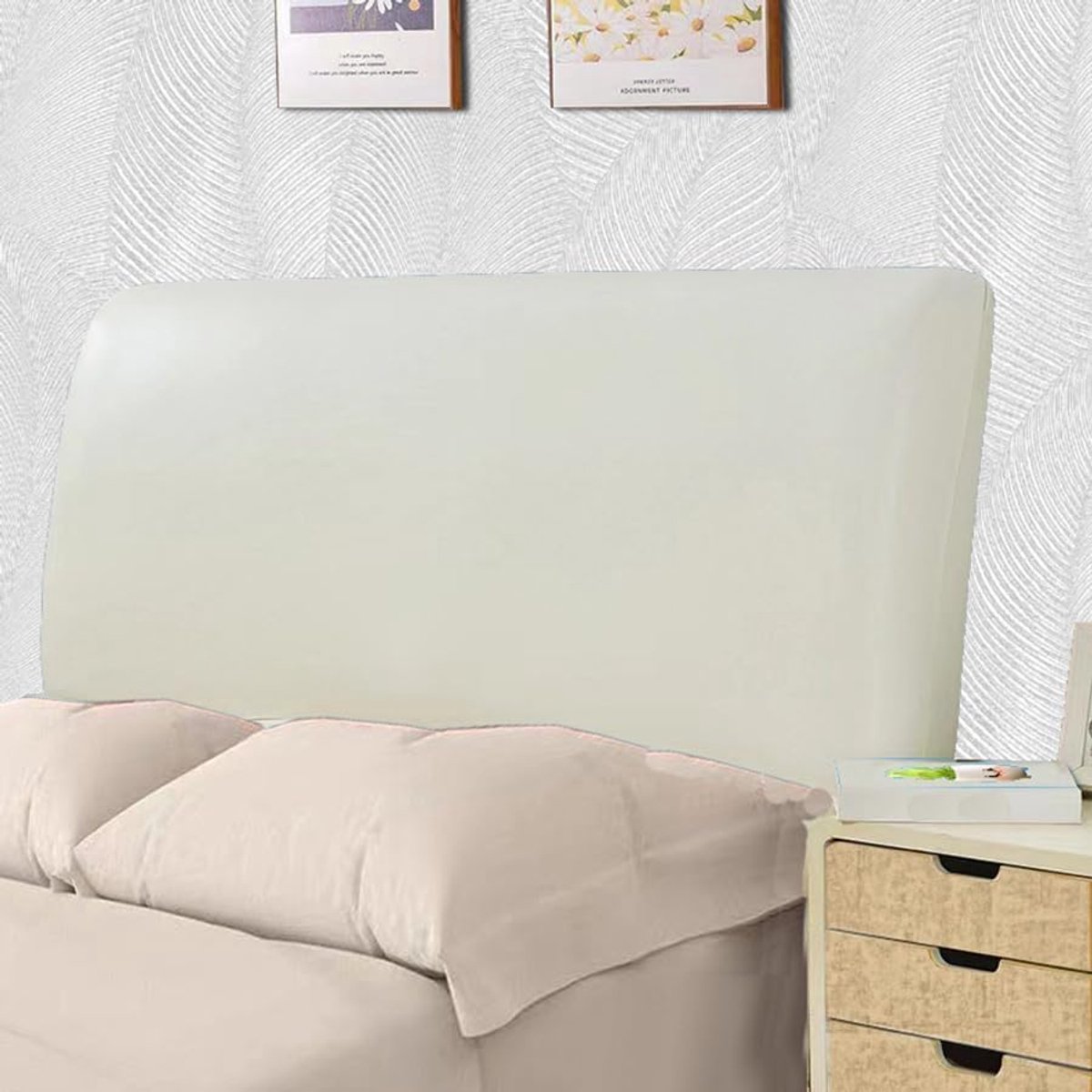 Hoes voor hoofdeinde van het bed, waterdicht, PU-leer, all-inclusive, elastisch, hoofdbord, bescherming voor kingsize bed, volledige hoofdbordbeschermer (beige, 200 cm/voor hoofdeinde van 190-210 cm)