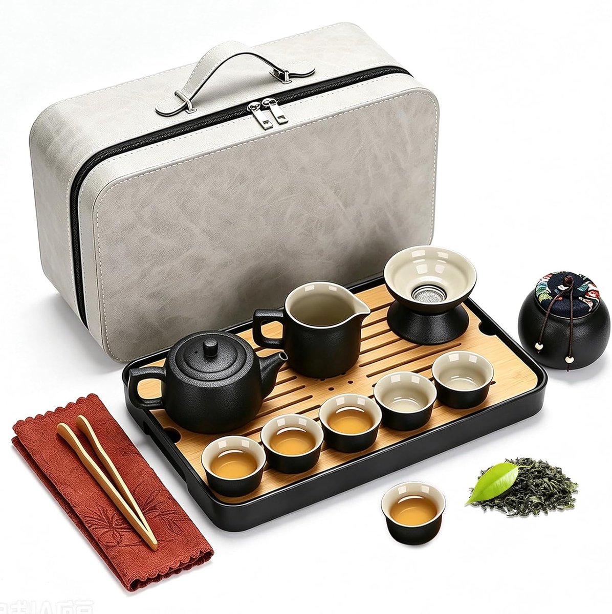 Theeservies, 14-delig Chinese Kung Fu theeservies van porselein met reistas, theepot, 6 kopjes, theedoos, keramische theeservies voor reizen, kamperen, kantoor en thuis