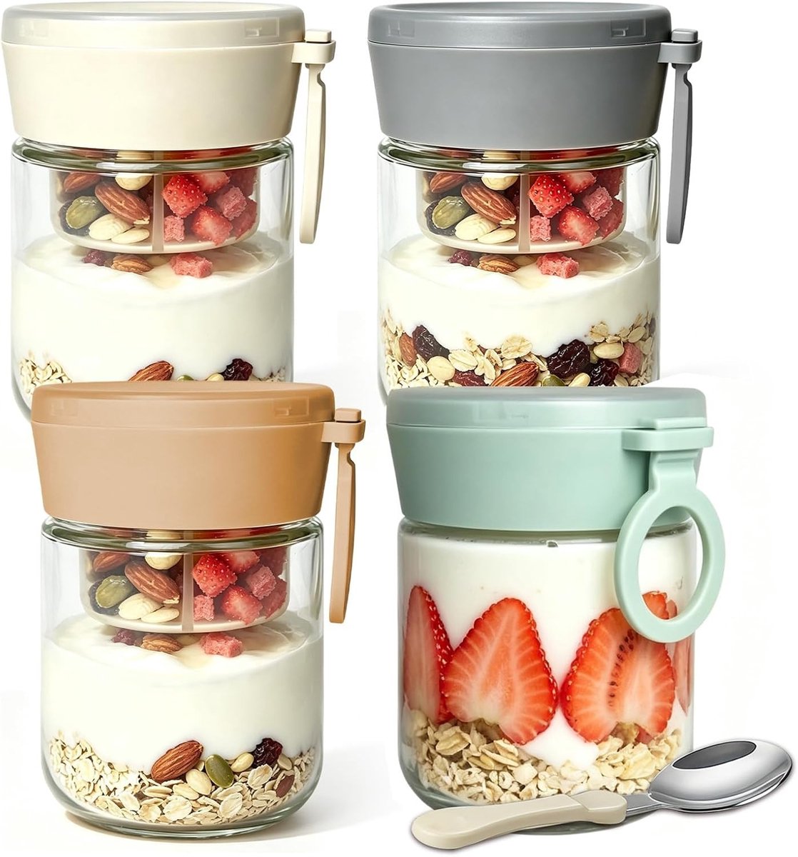 Set van 4 Oatmeal Glazen met Deksel, Dubbel Laags Container voor Yogurt, Ontbijt, Fruit en Noten, Ideaal voor Voedselopslag en Organisatie