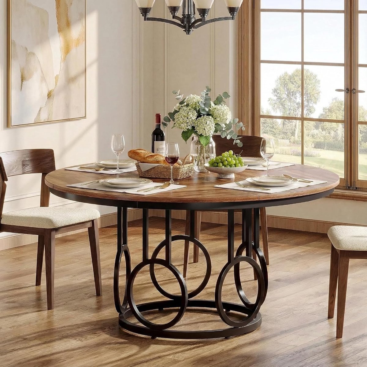 120 cm ronde eettafel, tafel in industriële stijl, eettafel hout, keukentafel, demonteerbaar, eettafel voor 4 personen, keuken en eetkamer, 120 x 120 x 75 cm, walnoot & zwart