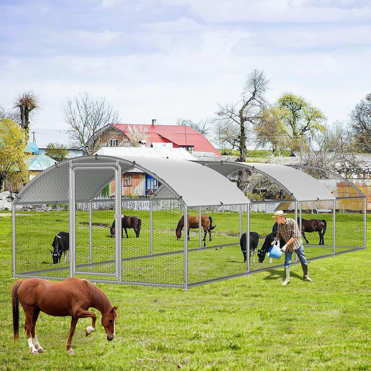 3 x 8 x 2 m, koepel-dak, kippenhok, vrijloop, met slot van verzinkt staal en waterdicht PE-kleurdoek, dierenverblijf, snel te reinigen