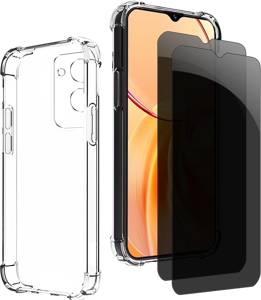 Inkijkbescherming voor Vivo Y28s 5g, 1 TPU-hoes met 2 stuks pantserglas, 9H glas, anti-spy folie, transparante siliconen beschermhoes, anti-geel, slank