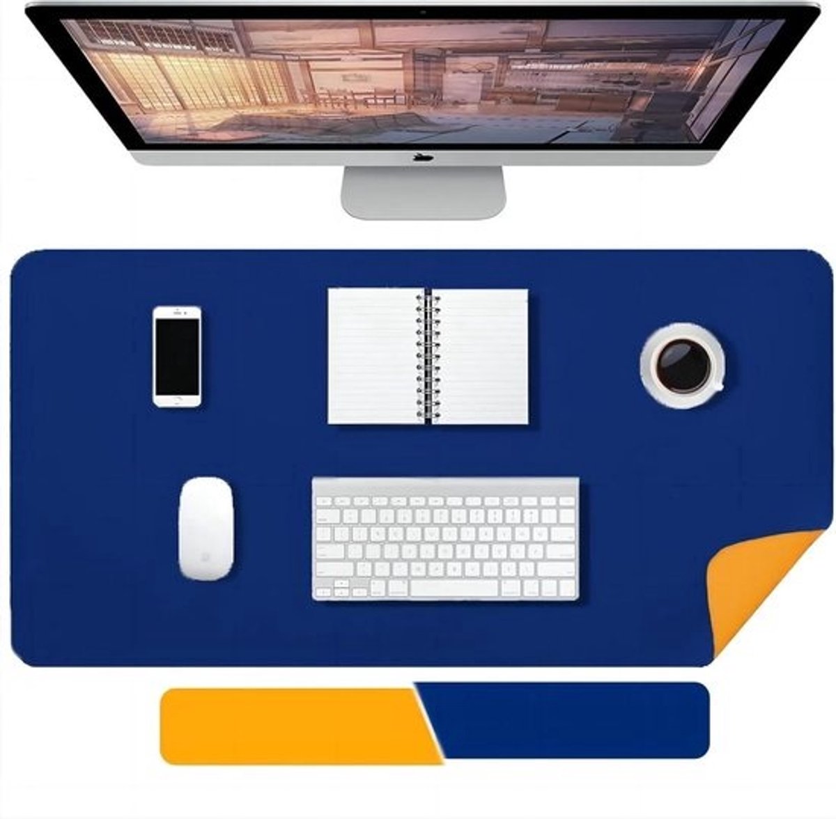 PU-leren bureauonderlegger 100 x 40 cm - Dubbelzijdige bureaumat voor kantoor en thuis (Blauw+Geel), met waterdichte bescherming