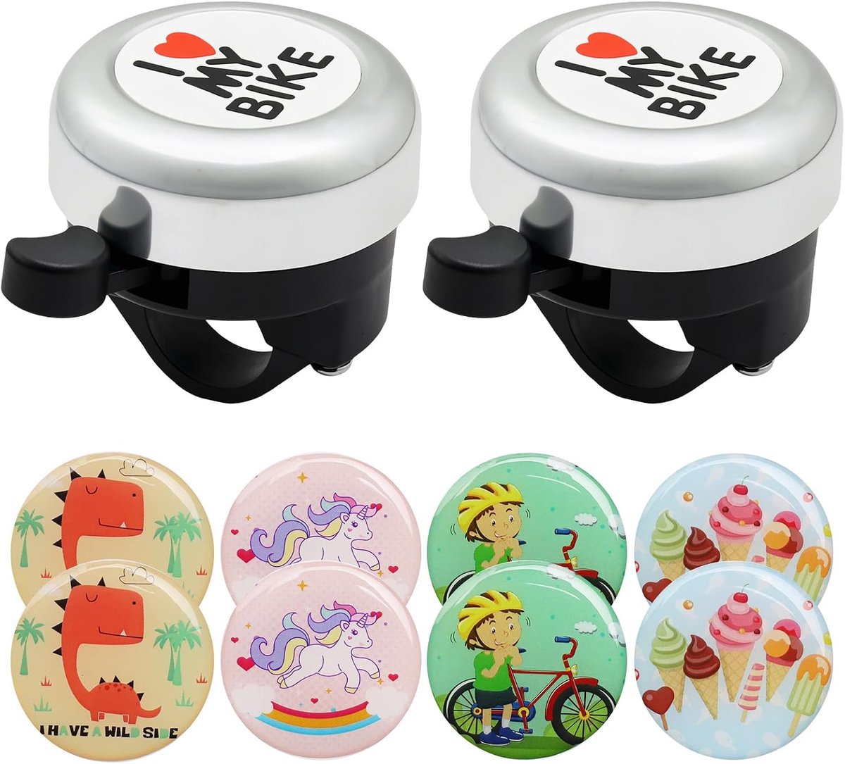 2 stuks fietsbel voor kinderen, robuuste bel voor kinderfiets, fietsbel voor kinderen met belhendel, met 8 cartoon-stickers, zilveren fietsbel, voor fietsstuur en als cadeau