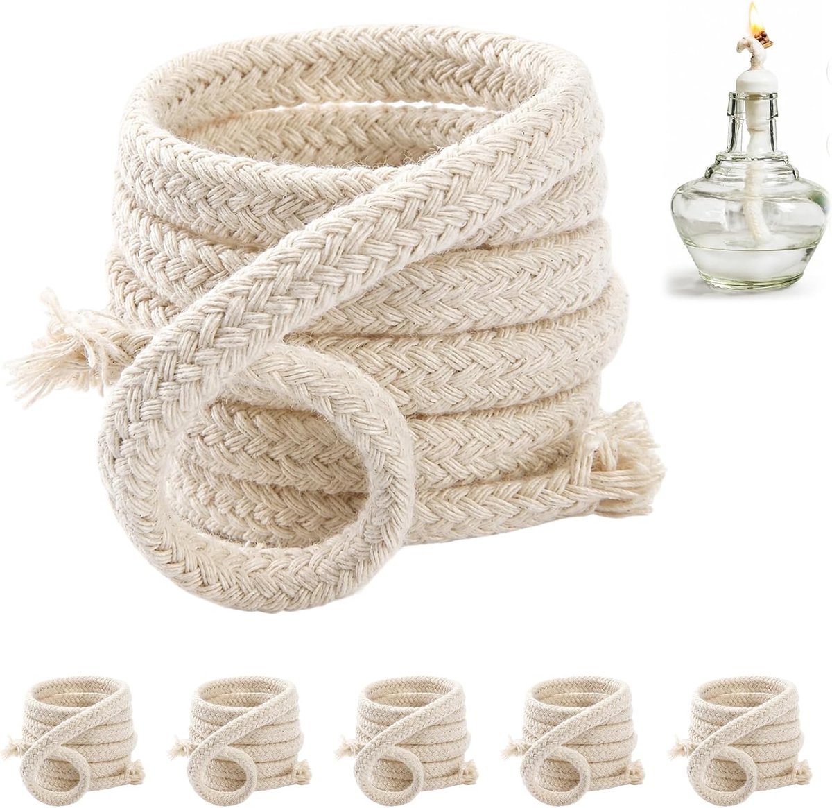 Lonten 8 mm x 100 cm, premium olielamplont op maat te snijden voor tuinfakkels, bamboevakkel, petroleumlamp, reservelont rond beige, lont voor olielampen, vuurhand, lampolie lont set