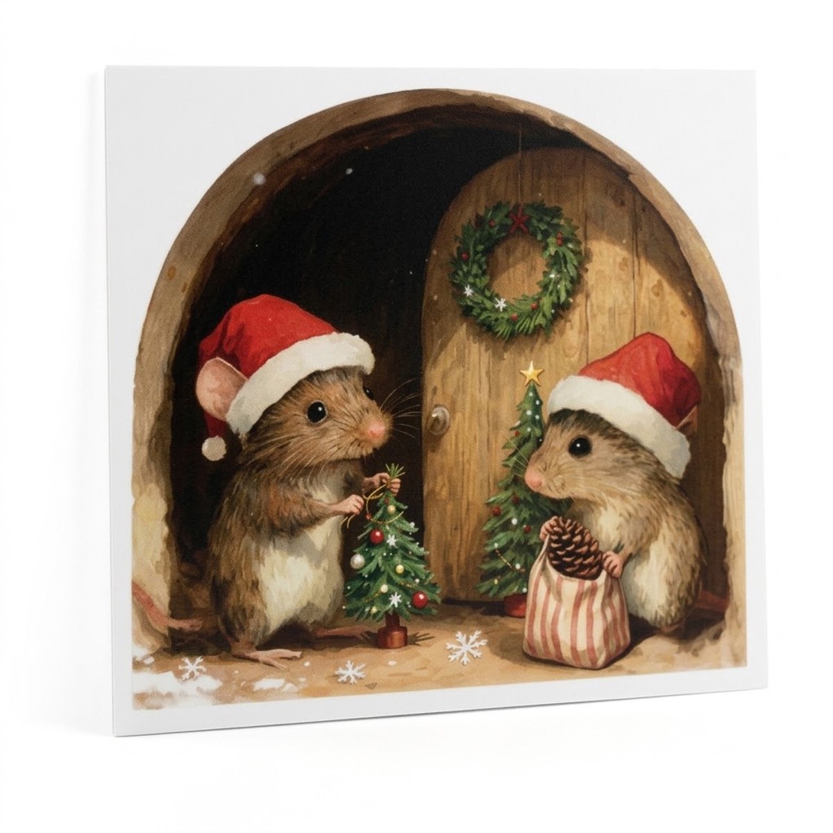 NUVEX Bruin rood groen muursticker – 2 muizen met kerstmuts bij kerstboom – kerst muizenhol wandsticker met kerstkrans en sneeuwvlokken – 2D dieren decoratie voor woonkamer slaapkamer