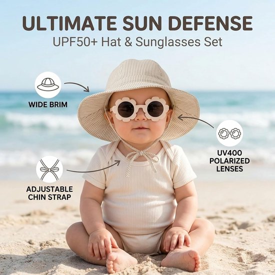 Zonnehoed en zonnebril set, UPF50+ zonbescherming, verstelbare hoed met bloemenzonnebril, voor strand, tuin, reizen en dagelijks gebruik, (Beige gestreept, melkwit, 0-2 jaar) — afbeelding 4