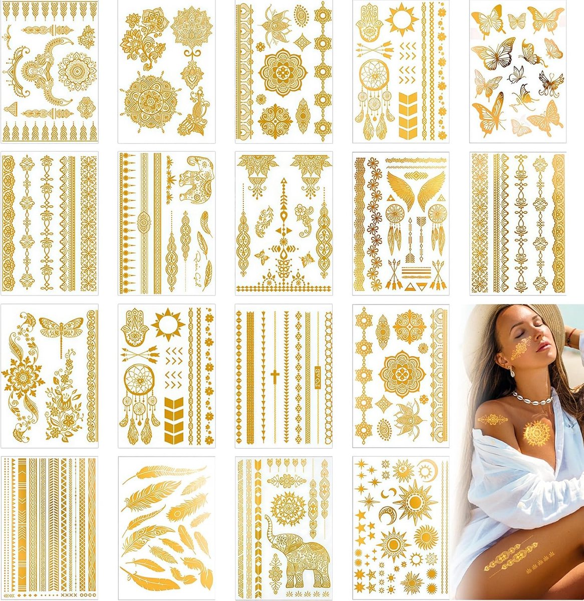 Tattoos 18 vellen goud zilver boho set, tijdelijke tatoeages en glittertatoeages voor festival feest carnaval zomeraccessoires