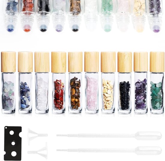10 stuks 10 ml edelsteenrollerflesjes, proefflesjes met bamboedoppen, helende kristalchips erin voor etherische oliën, parfums, aromatherapie — afbeelding 3