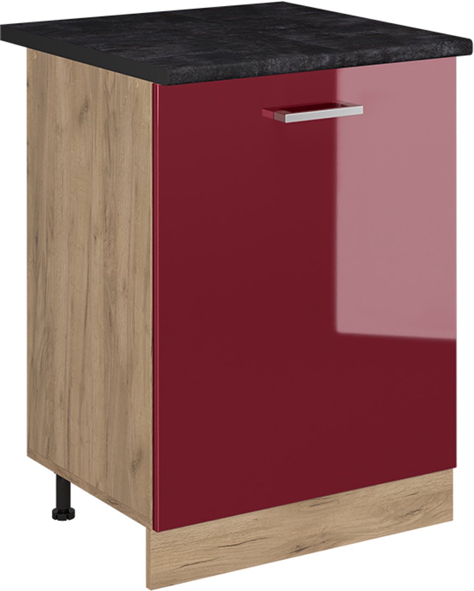 Vicco Keukenonderkast R-Line, Rode hoogglans/Goudkleurig Eiken, 60 cm met 1 deur antraciet werkblad