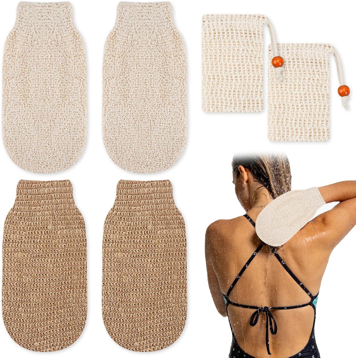Set van 4 peelinghandschoenen van natuurlijke vezels (incl. 2 bubbelzakken) - ShopVlot