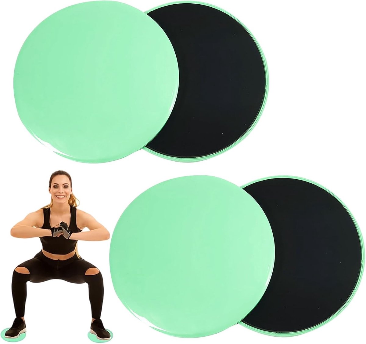 Set van 4 fitness sliders voor pilates en full-body training, dubbele kern sliders voor thuisgebruik, geschikt voor tapijt en tegels, mintgroen