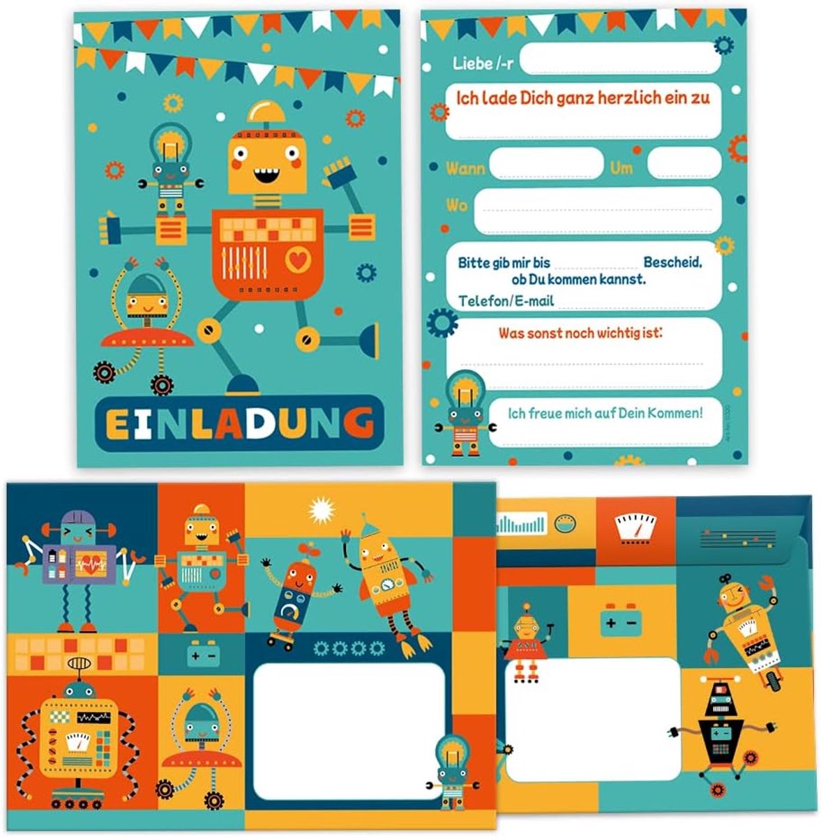 SnelShoppen - 12 Uitnodigingskaarten Robot + 12 Enveloppen voor Kinderverjaardag - Coole Feestkaarten - 300 g/m² - 10,5 x 14,8 cm - Zelfklevend - Idea