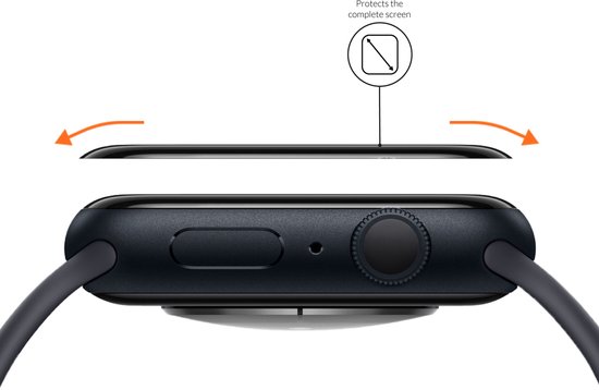 Zijkant van zwarte Apple Watch met witte band, met screenprotector die het scherm bedekt.