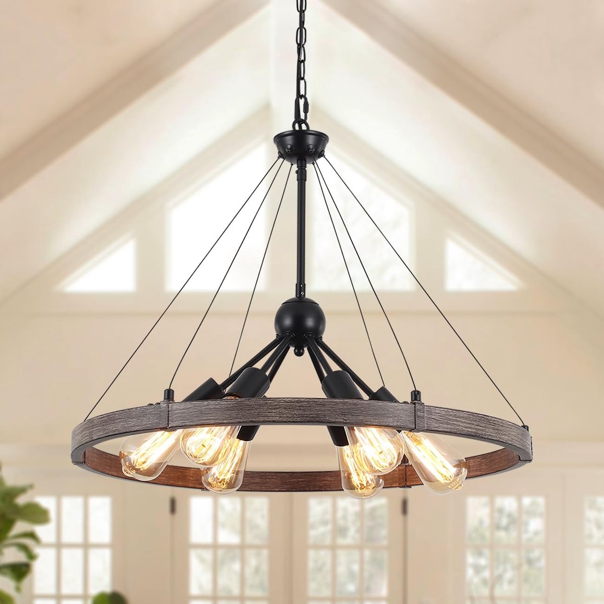 SnelShoppen - Wagon Wheel Hanglamp - Rustieke Industriële Chandelier met 6 Lampen - Zwart Metaal - Verstelbare Hoogte voor Woonkamer, Eetkamer, Keuken