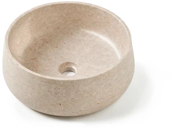 Beige natuurstenen waskom, rond met drainagegat.
