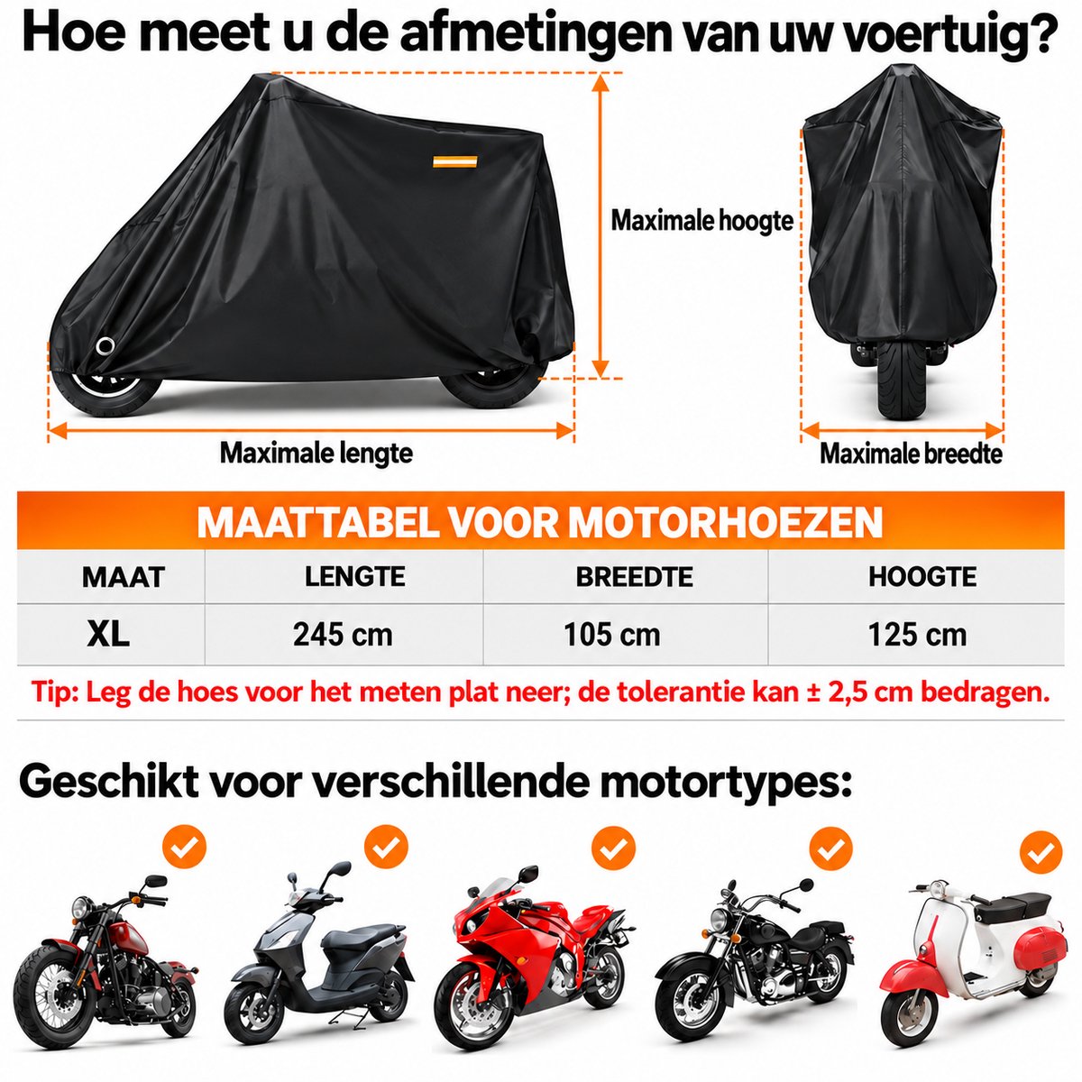 Motorhoes en Fietshoes – Waterdichte Motorafdekking & Beschermhoes voor Fiets – 210D Oxford-stof – Voor Motor, Fiets, E-bike, Scooter en Brommer – Met Slotogen, Klikgesp en Elastische Zoom – XL 245 x 105 x 125 cm – Zwart – foto 8