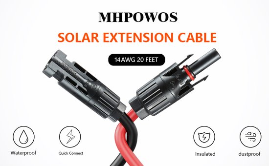 MHPOWOS zonne-verlengkabel van 14 AWG en 20 voet, met zwarte en rode connectoren, waterdicht, stofdicht en geïsoleerd.