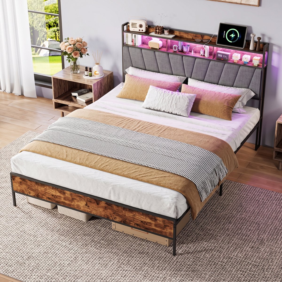 MEXUS Tweepersoonsbed 160x200 cm met metalen lattenbodem, 2-persoonsbed met ledverlichting en USB-poorten, Gestoffeerd hoofdbord met opbergruimte, Bedframe 160x200, vintage bruin & Grijs