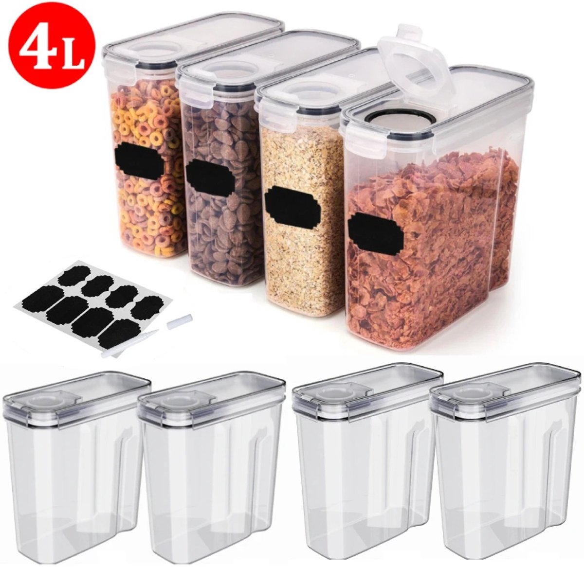 Homezo voorraadbus- 12 opbergbakken - Luchtdicht - 4 ltr - Transparant - Pasta, ontbijtgranen, rijst, snoep, gedroogde producten
