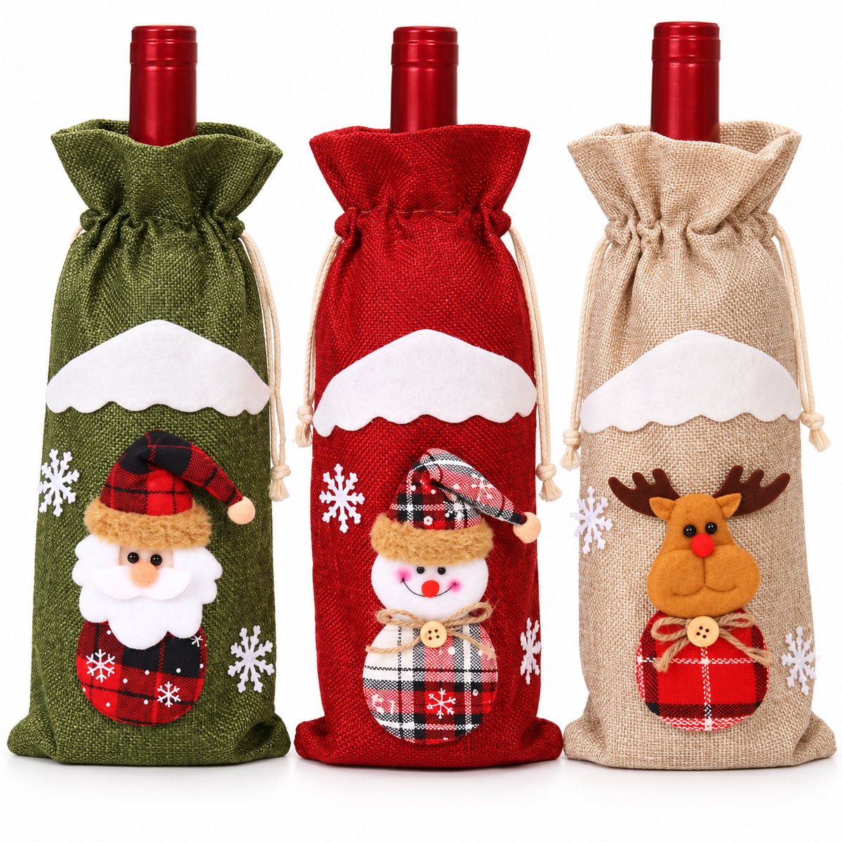 Nina’s Giftshop® Kerst Wijnzak Set van 3 – Rendier, Kerstman & Sneeuwpop – Wijnfles Cadeauverpakking – Kerstcadeau – Kerstdecoratie