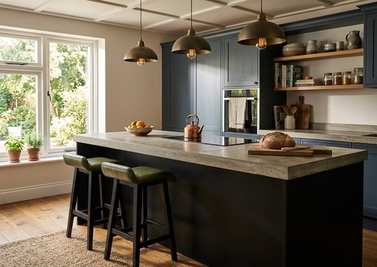 Donkergroene barkrukken in een moderne keuken met betonnen aanrecht en donkerblauwe keukenkastjes.