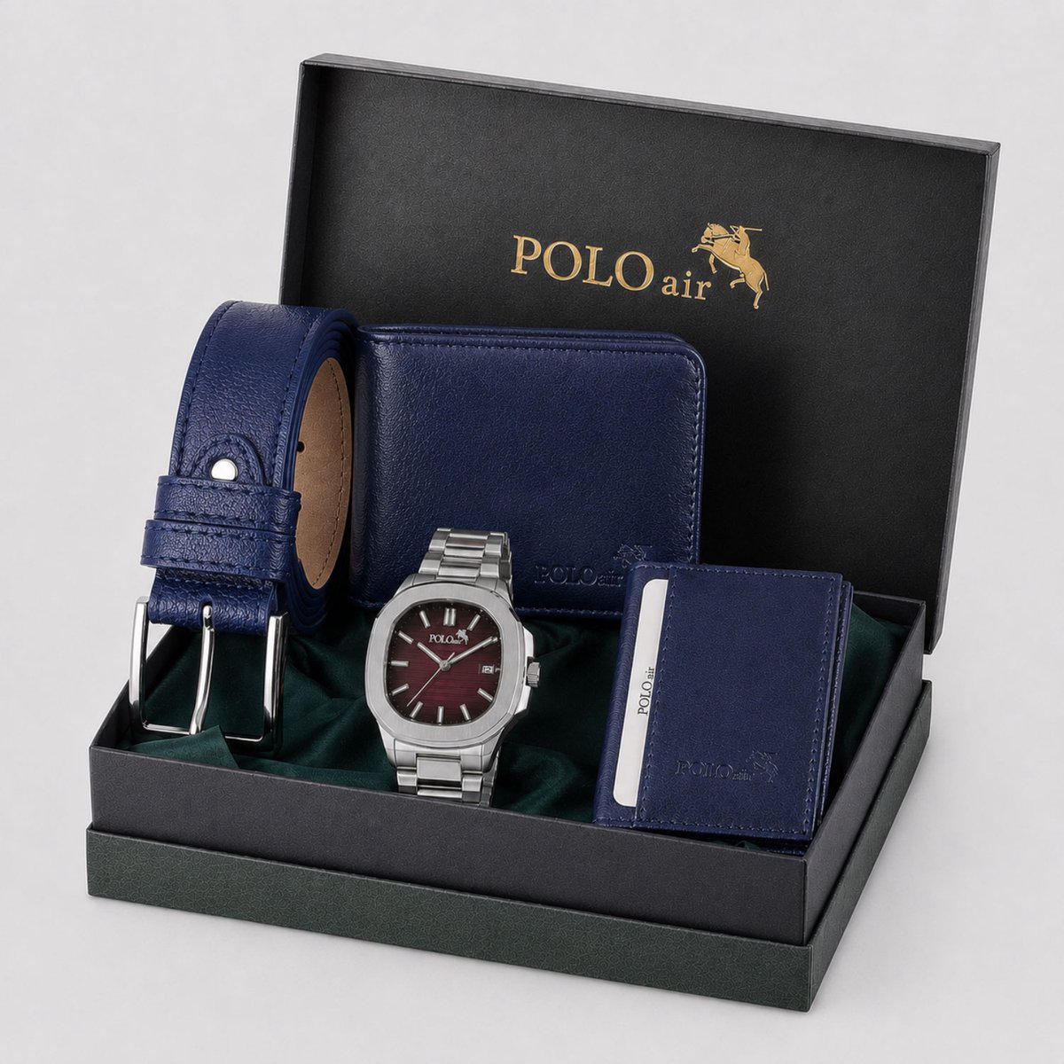 Polo Air Imperial - Cadeauset Heren - Vaderdag Cadeau - Verjaardagscadeau Man - Kerstcadeau Man - Bruiloft Cadeau - Damat Set - Cadeau voor Bruidegom - Horloge, Riem, Portemonnee & Pasjeshouder Saffierblauw in Cadeaudoos - Geschenkset Mannen