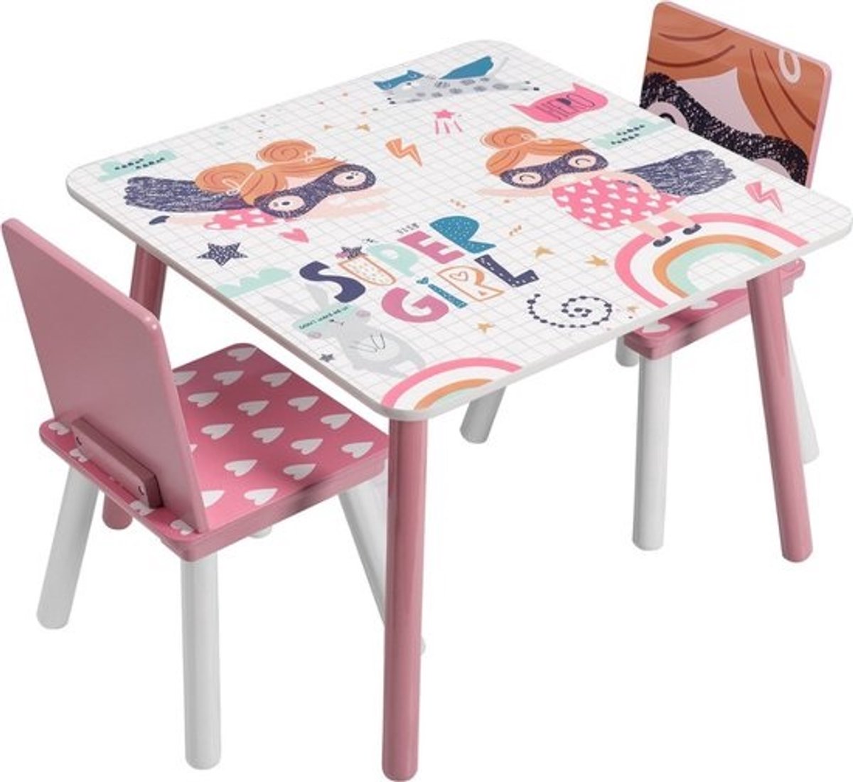 Kindertafel met 2 stoeltjes - Kindermeubels, tafel en tafeltje - Voor peuters, kleuters en kinderen - Van hout - Roze met superheldenprint