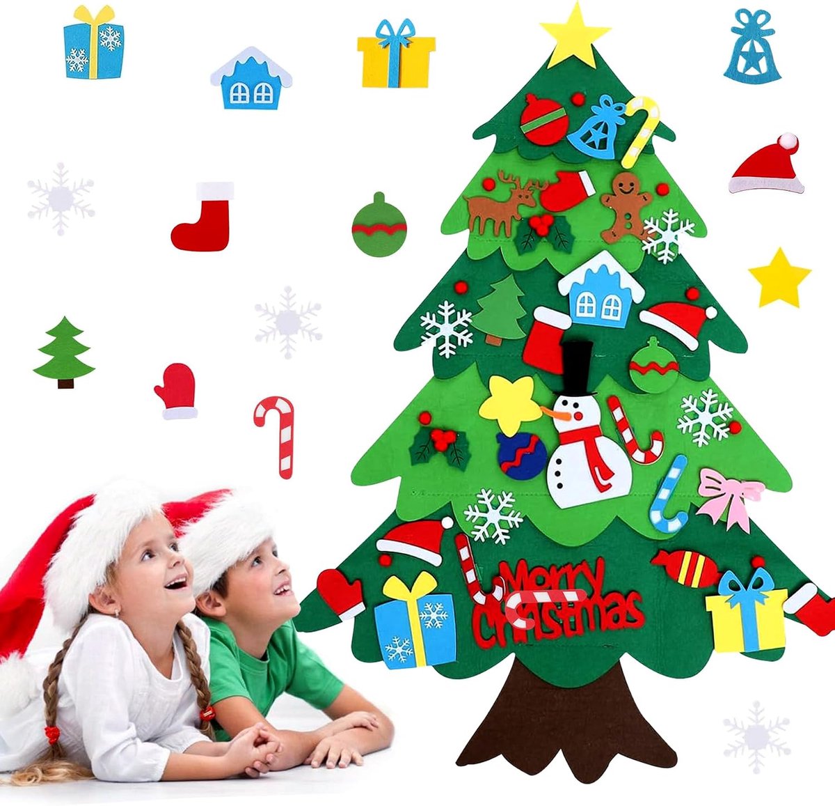 Kerstboom, 100 cm hoge vilten kerstboom voor kinderen, doe-het-zelf kerstboomvilt met 32 afneembare kerstversieringen, kerstcadeaus voor kinderen (B)