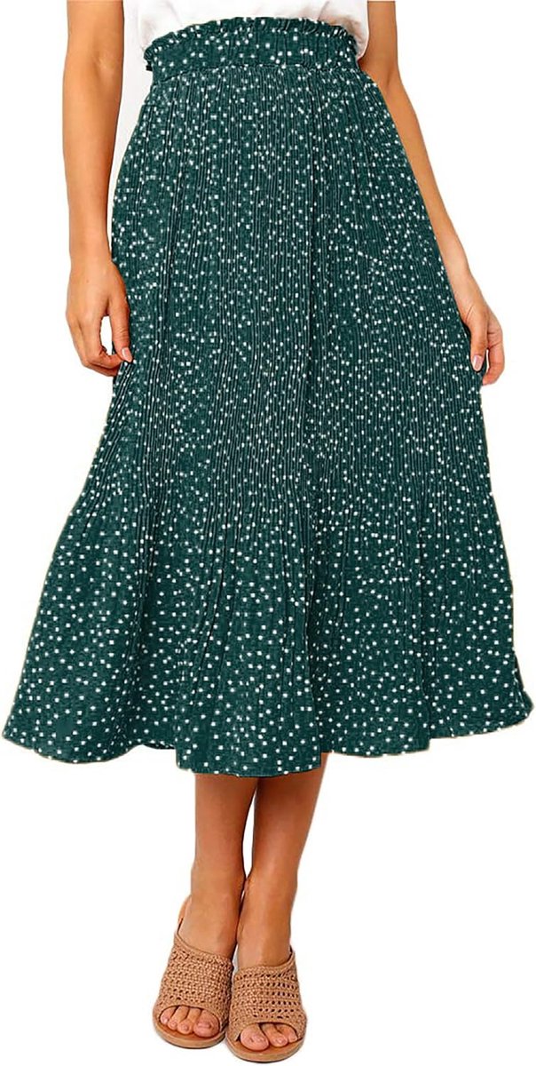Midirok voor dames, plisseerrok met 2 zakken, polkadots, lange hoge taille, maxi-rok, zomer, elastische tailleband, luchtige zomerrok