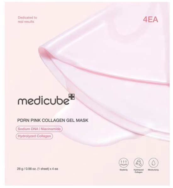 Medicube PDRN roze collageen gelmasker, 4 stuks. Met natrium DNA, niacinamide en gehydrolyseerd collageen.