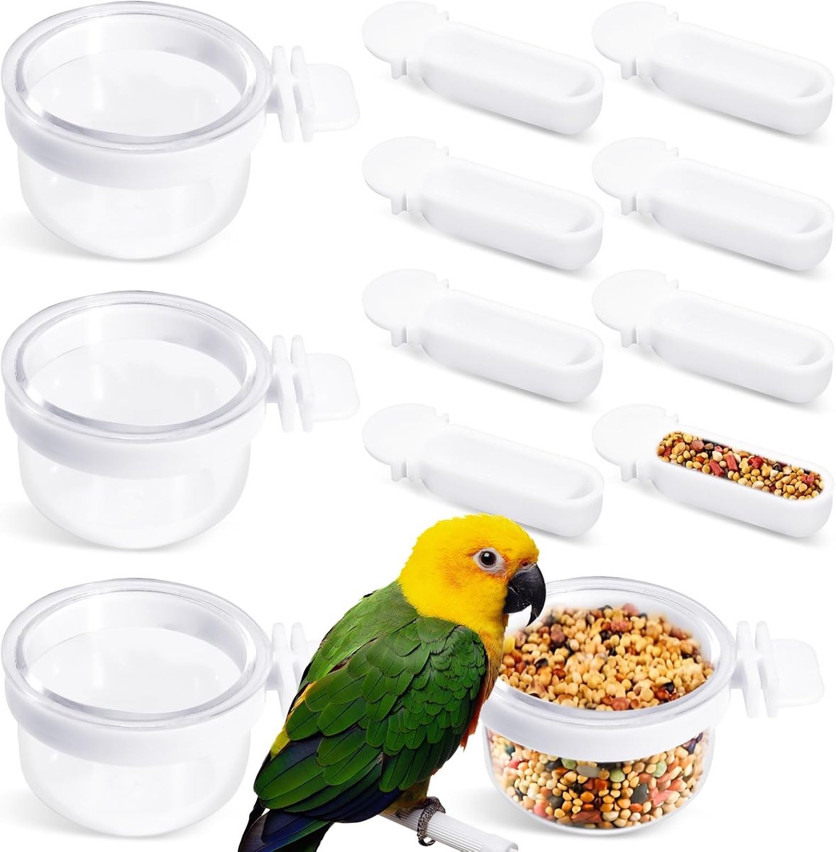 4 stuks kleine vogel afneembare transparante kom met 8 stuks kleine voedselbekers, papegaai plastic voedselvoeder handige hangende voedselbekers voor kanarie vink papegaai (transparant)