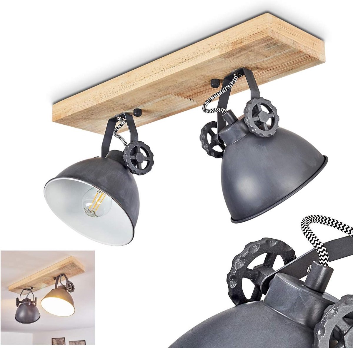 Plafondlamp Svanfolk, plafondlamp van metaal/hout in blauw-grijs/natuur, 2-lichts, met verstelbare spots, 2 x E14-fitting, retro/vintage design, zonder gloeilamp