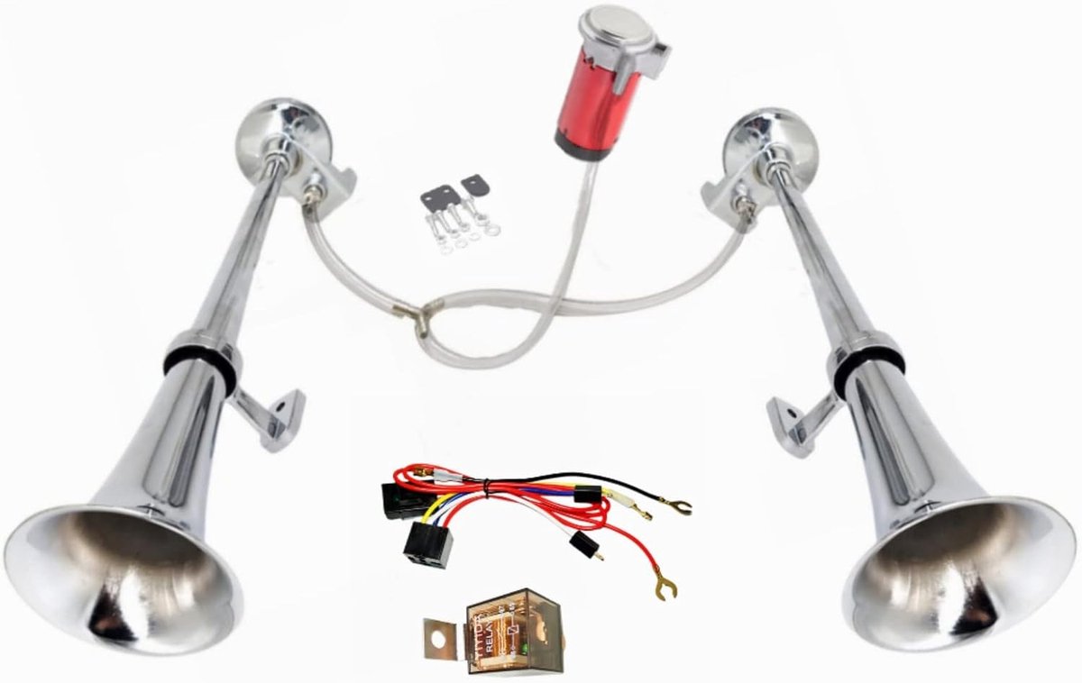 Auto Luchthoorn 24V Twin Dubbele Buis - Zink Chroom Zilver 170Db Elektrische Waterdichte Hoorn met Rode Luchtpomp voor Schip