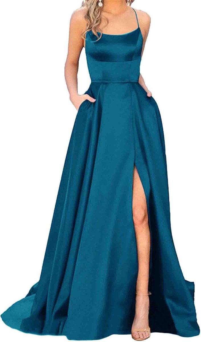 Xxxiticat Elegante lange baljurk voor dames, met zakken, satijn, A-lijn, backless bruiloftsjurk, avondjurk, sexy halterjurk, spaghetti, bruidsjurk, lange prinsessenjurk, bruidsmeisjesjurk