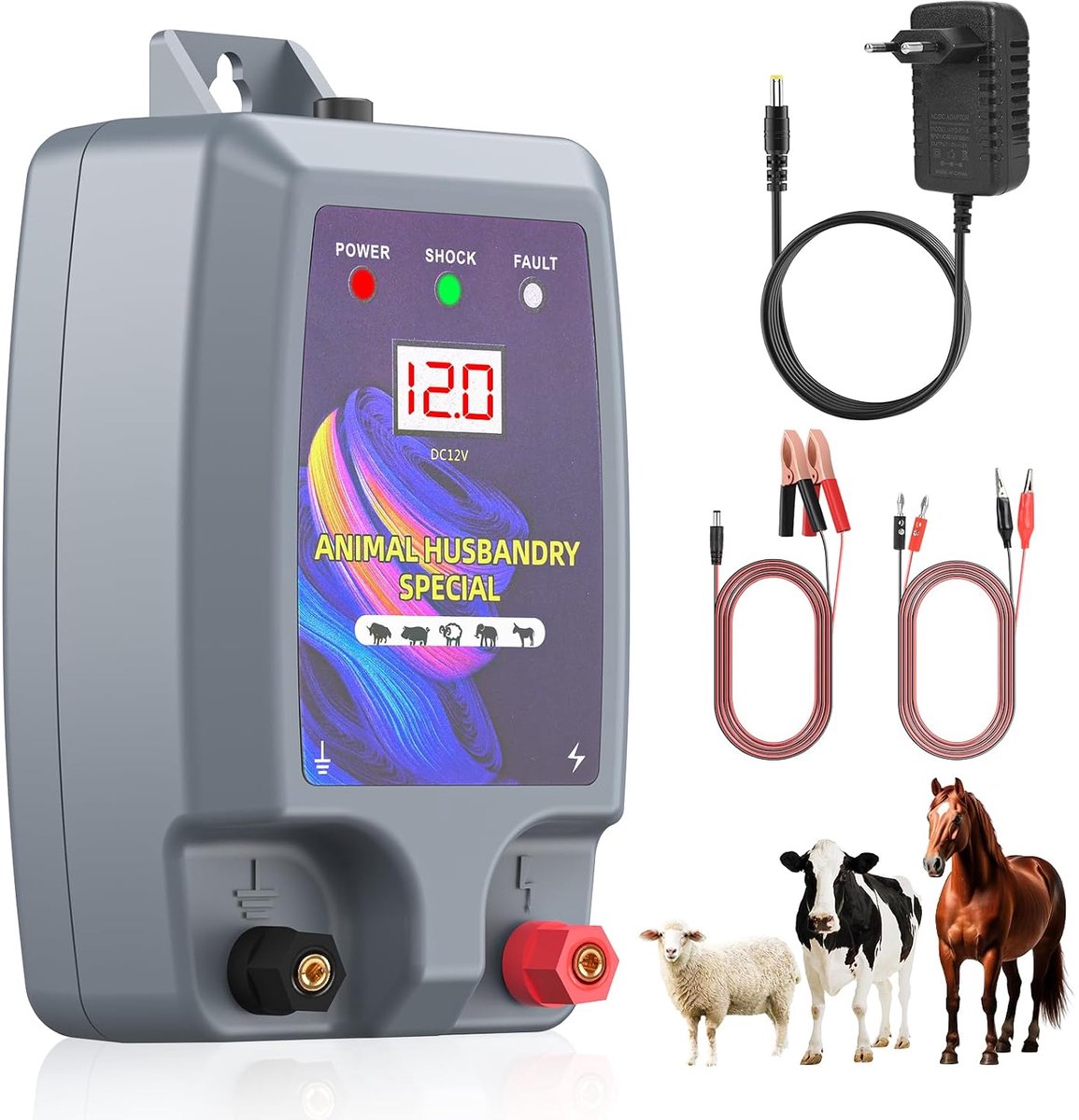 10 km elektrische omheining voor dieren, elektrificeerder, elektrische omheining, hoog vermogen, 12 kV 2,0 J elektrische omheining voor bescherming schapen, paarden, tuin, weilanden, boerderij (grijs)