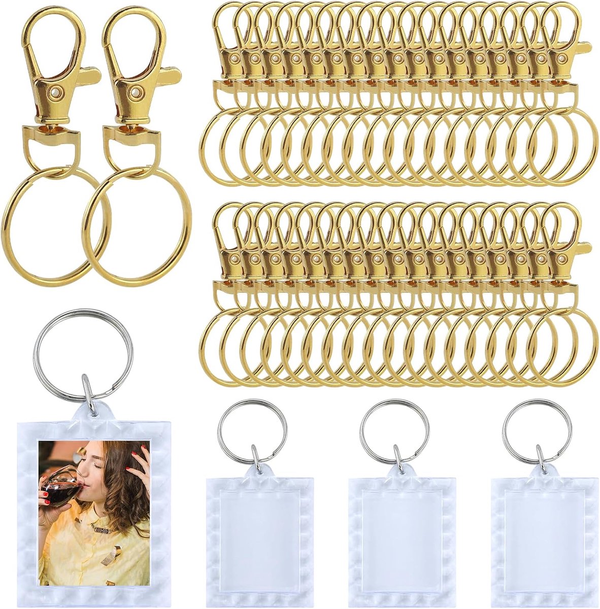 100 stuks sleutelringen, karabijnhaken, kleine sleutelhangers, draaischarnier, karabijnhaak roestvrij staal, met kunststof doos en 4 sleutelhangers, om te knutselen (goud)