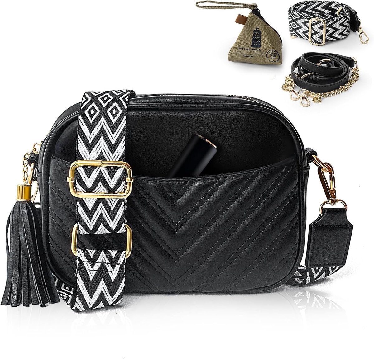 Elegante Dames Leren Schoudertas met Brede Band - Kleine Crossbody Handtas in Zwart voor Dagelijks Gebruik