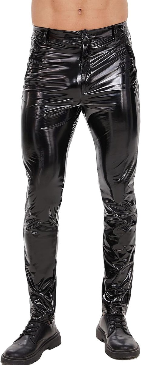 Broek voor heren, lang, kunstlederen broek, casual, stretch, slim fit, broek, leer, bikerbroek met zakken, wetlook, kostuum, rave party, disco, kledingset, clubwear