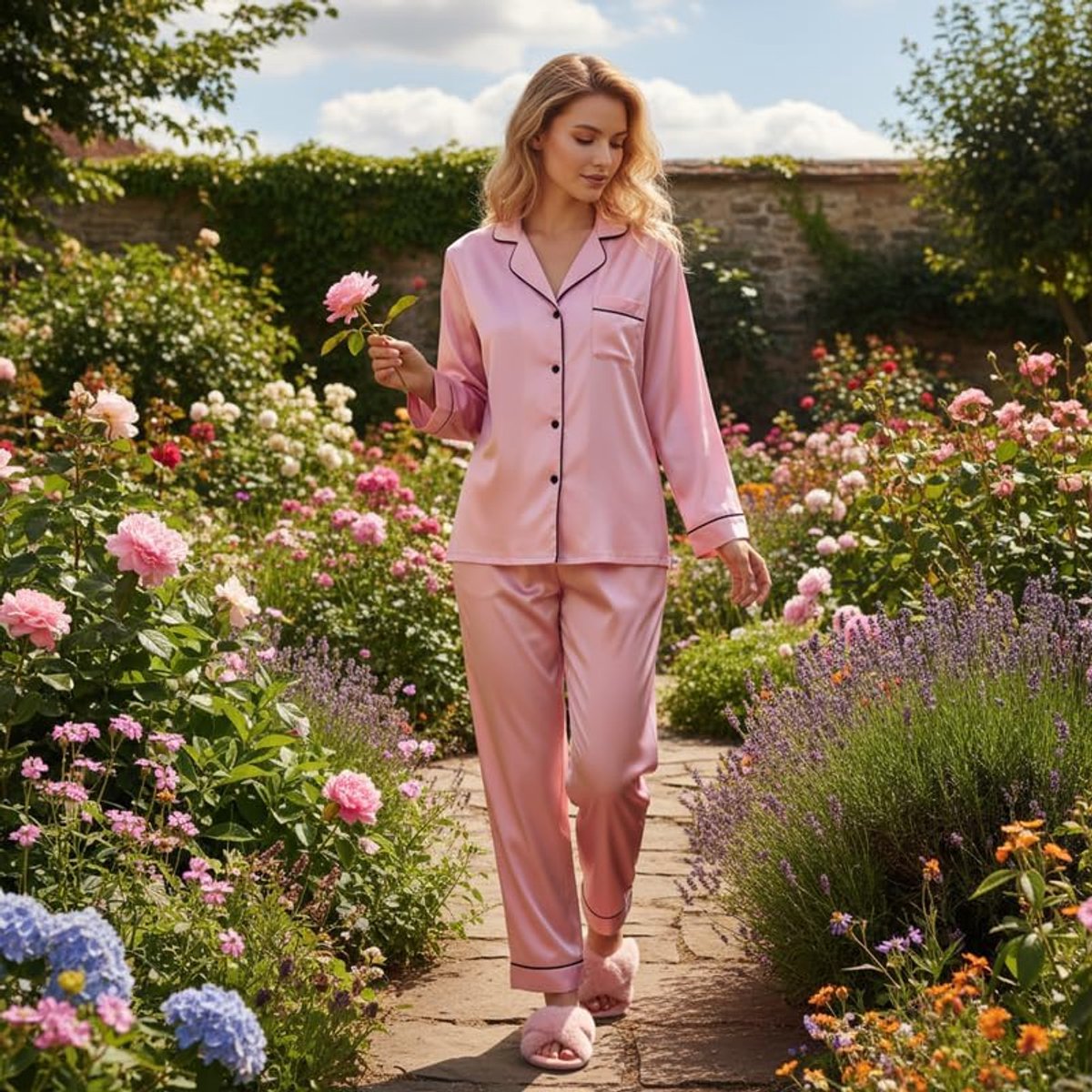 Damespyjama van zijde, 2-delige satijnen pyjama's met lange mouwen en knopen en bijpassende broek, lichte en ademende nachtkleding voor dames voor thuis