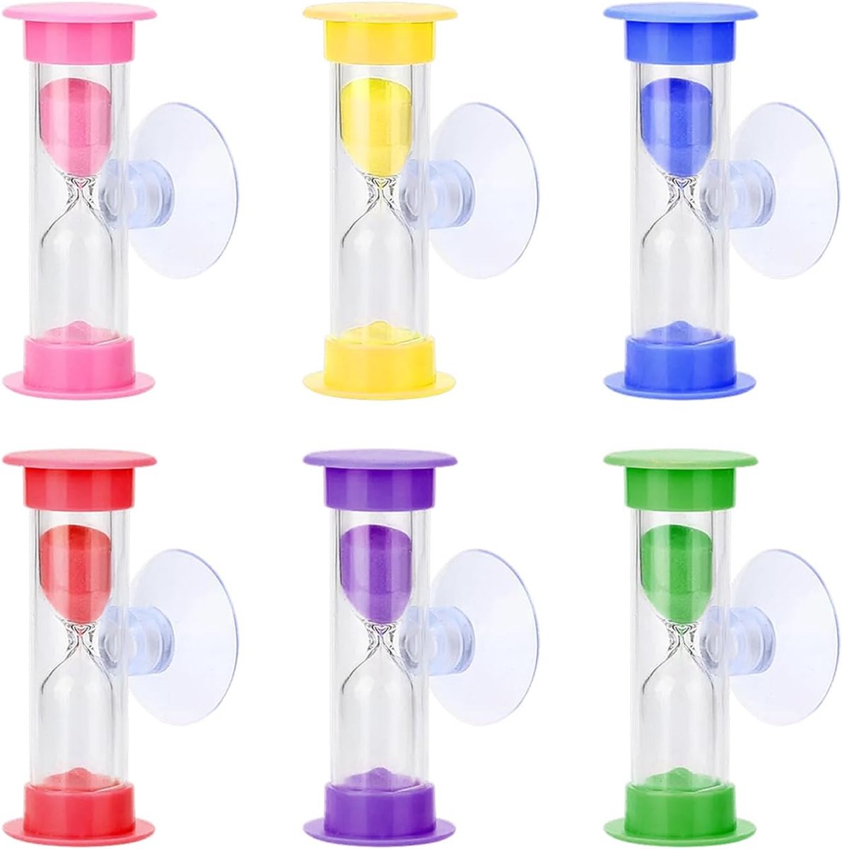 3 minuten zandlopertimer, tandenborstelzandloper voor kinderen, mini-zandloper met zuignap, kunststof timer, accessoires voor synchronisatieklok, 6 stuks