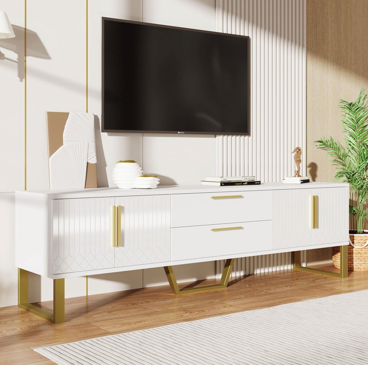 WUVRIE TV-meubel 170 cm - Hoogglans met 2 lades en kabeldoorvoeren - Wit/goud