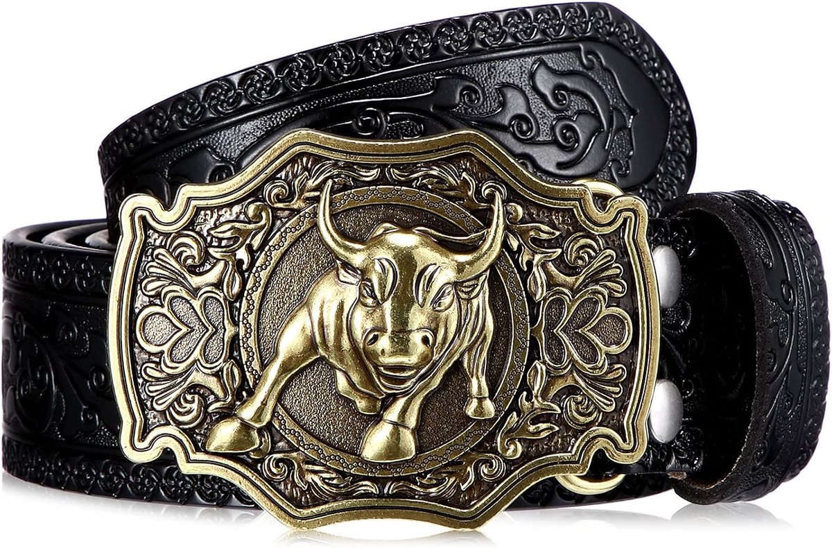 Western Leather Buckle Belts Cowboy Longhorn Bull Buckle Belt Floral Embossed Cowboy Belts For Men, 1.5 Inch Wide - ShopVlot