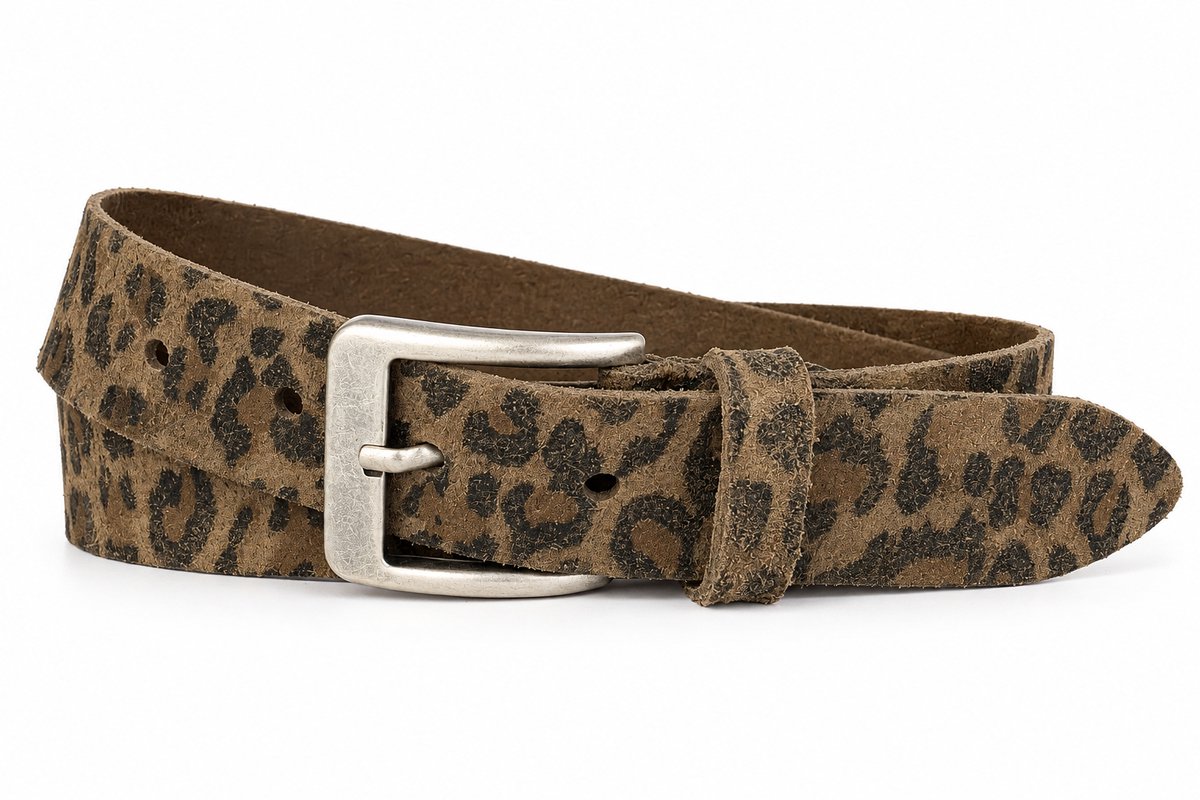 Donkere Panterprint Leren Damesriem – 4 cm Breed – Echt Leer – Nikkelvrije Gesp - Maat 105 (totale lengte 120)