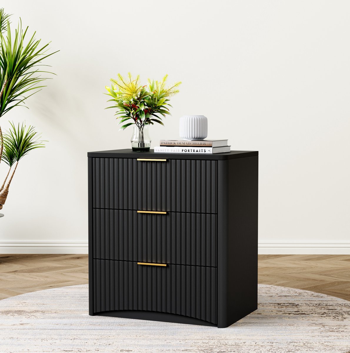 WUVRIE Nachtkastje 58 x 38 x 64 cm - 3 lades met geruisloze geleiding en gouden handgrepen - Zwart
